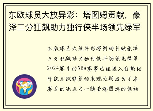 东欧球员大放异彩：塔图姆贡献，豪泽三分狂飙助力独行侠半场领先绿军